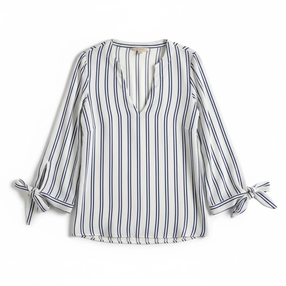 Michael Kors Nautical Beach VacationStriped Blouse with Tie Sleeves Medium 198